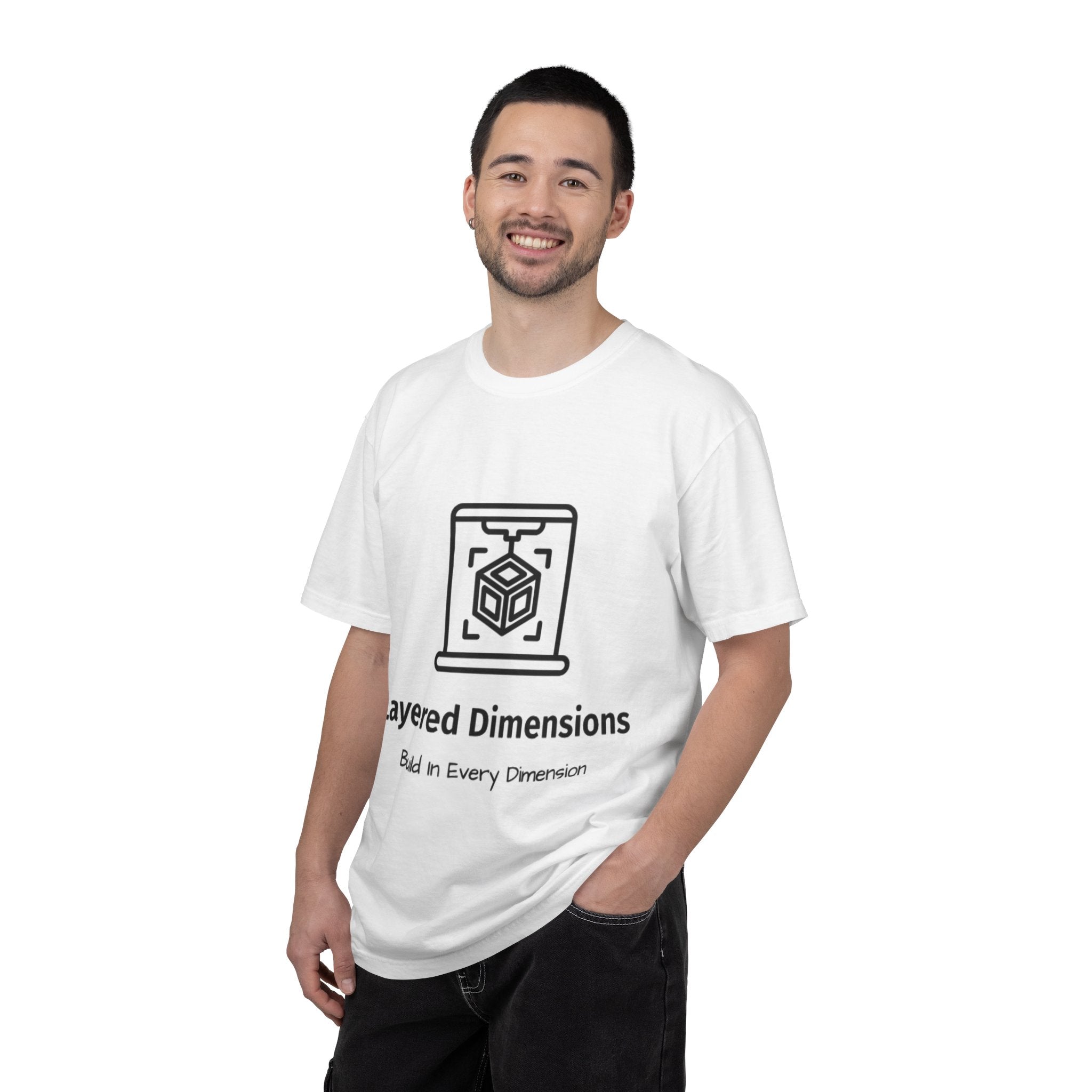 T-Shirt — Layered Dimensions 3D Logo Tee: "Build in Every Dimension" with QR Gift Back Print